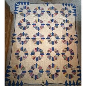 Vintage Dresden Plate Hand Stitched Quilt 84X65 White Backing One Small Blowout
